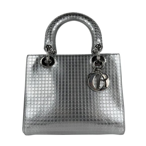 Christian Dior Lady Dior Handbag Shoulder Bag Silver Leather/Metal - Picture 1 of 15
